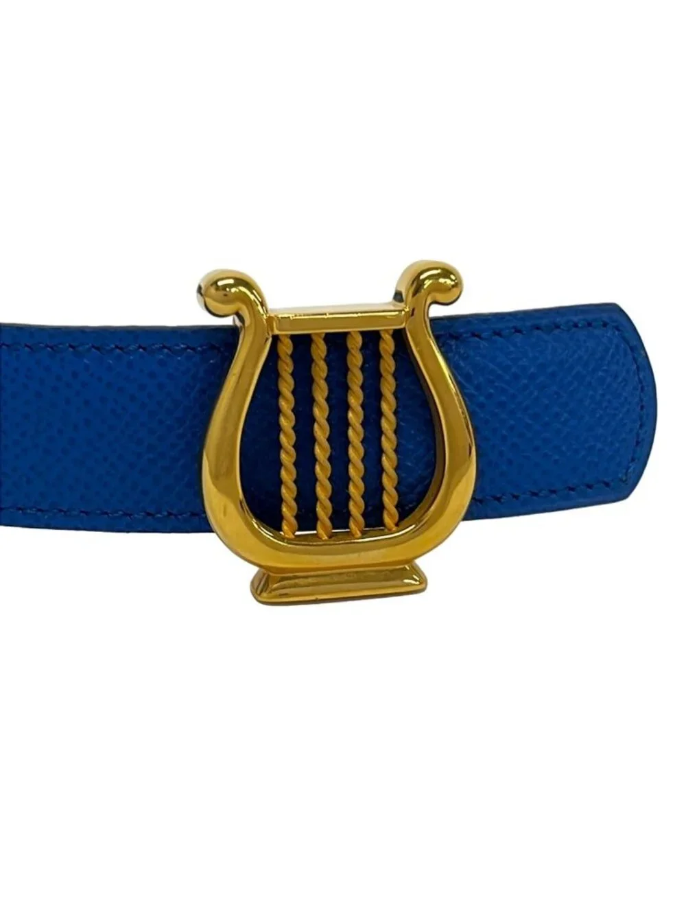 Hermes Belt 65 Blue Yellow Harp Gold Leather